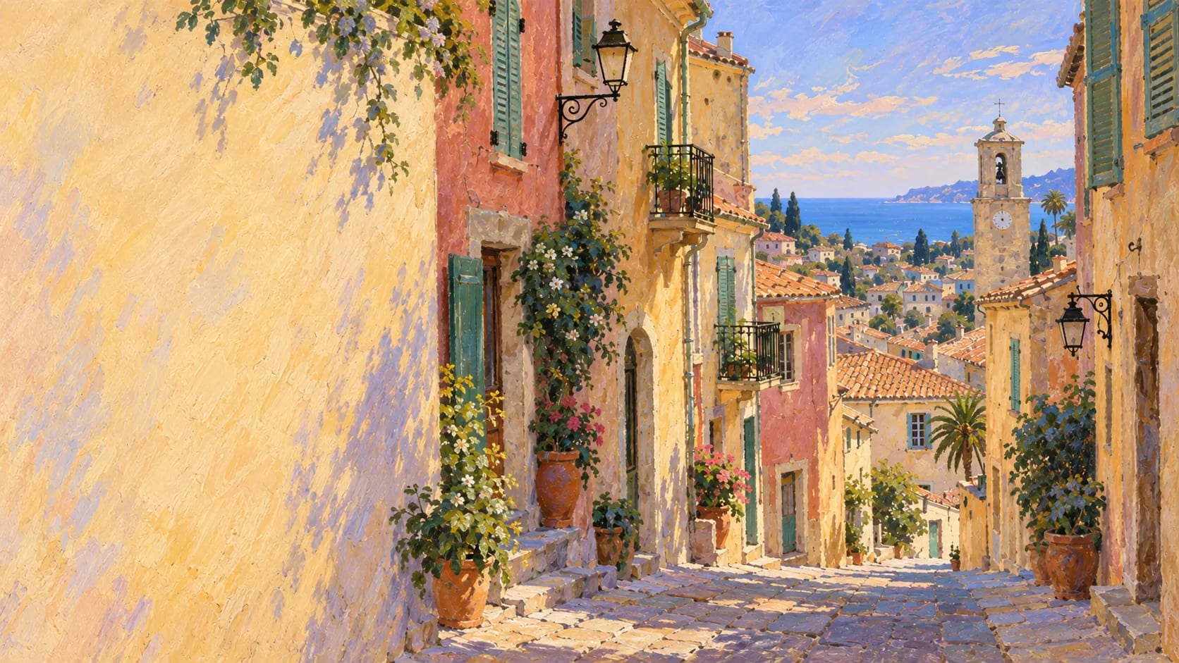 A painted view down Rue Saint-Sauveur toward the rooftops and sea at Le Cannet