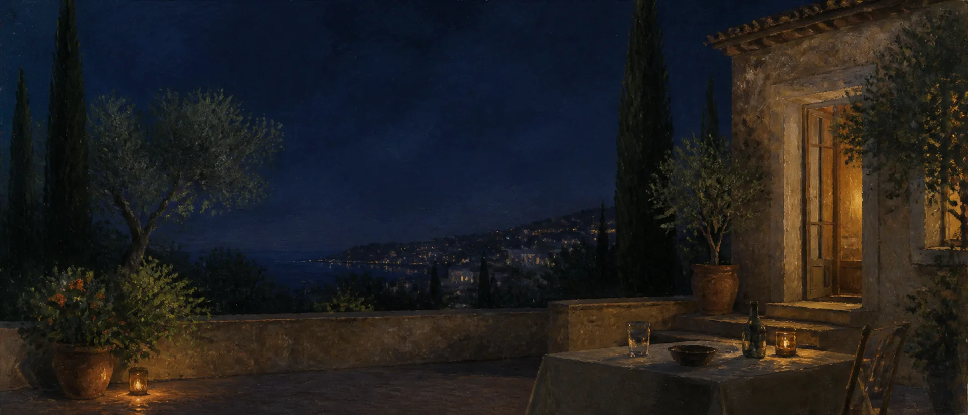 A painted Mediterranean garden at blue hour, with a warm open doorway and distant lights